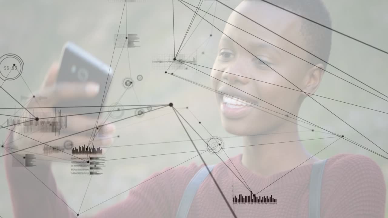 Woman posing for selfie then checking phone, HUD nodes converging near phone for social media