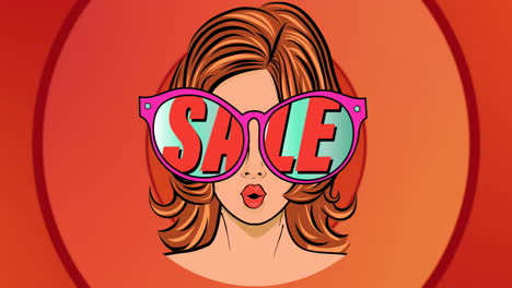 animación del texto de venta sobre una mujer con gafas de sol y círculos rojos pulsantes en el fondo