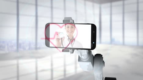 smiling doctor holding stethoscope that shows heartbeats