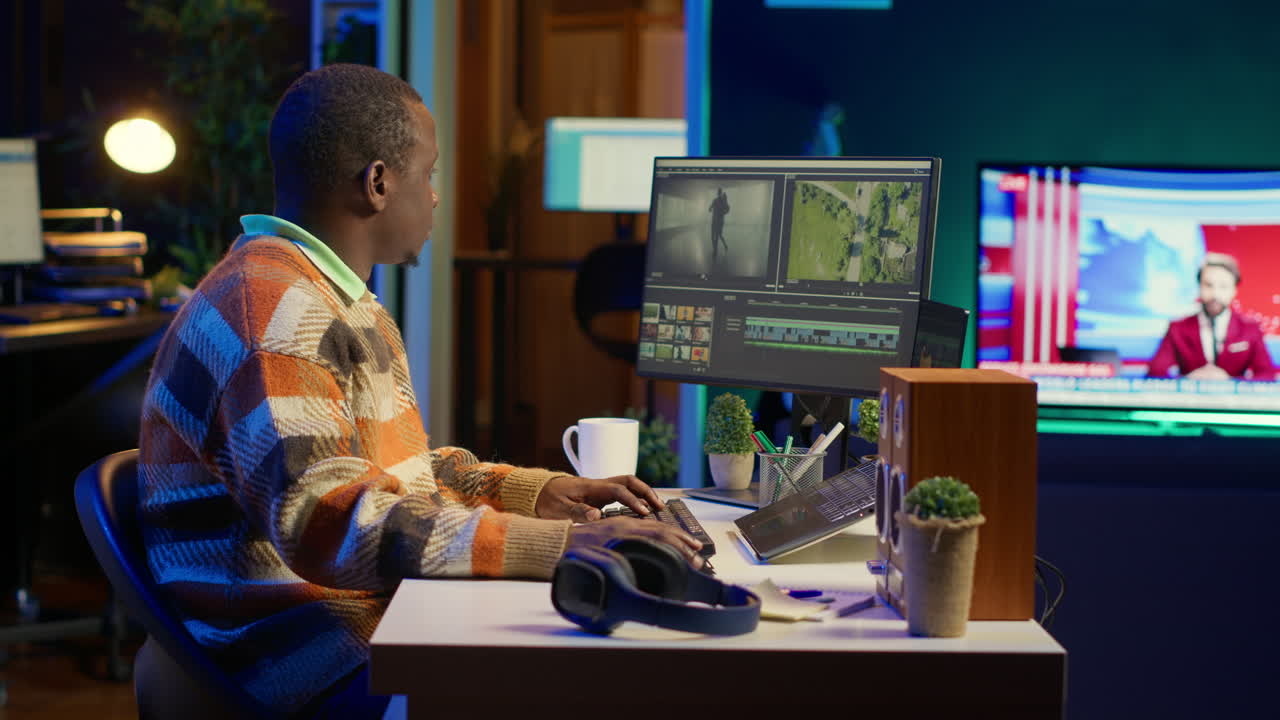 African American video editor working at night