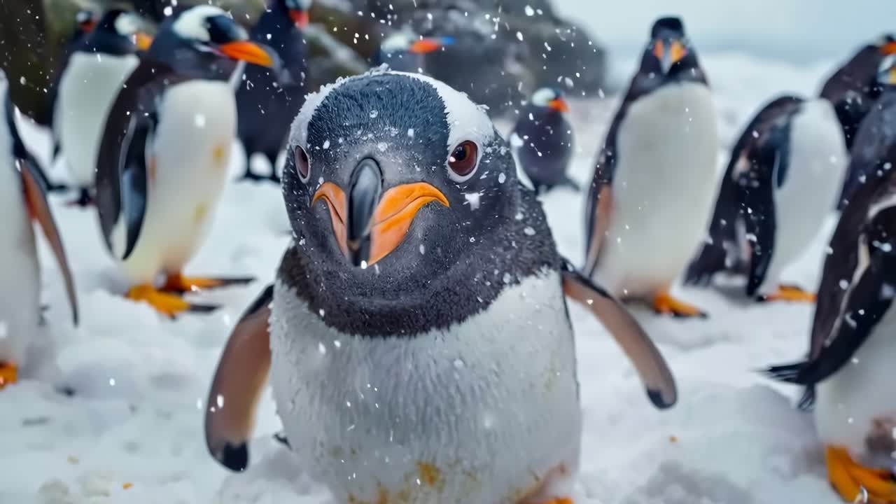 un grupo de pingüinos de pie en la parte superior de un terreno cubierto de nieve