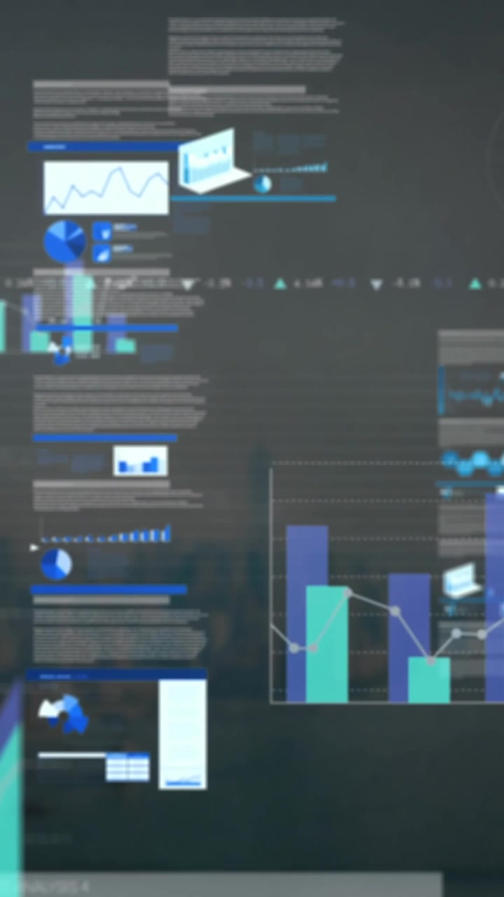 Animation of multiple graphs, loading circles and trading board over modern cityscape against sky