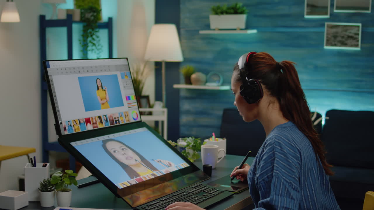 Editor artist working on retouching pictures at studio