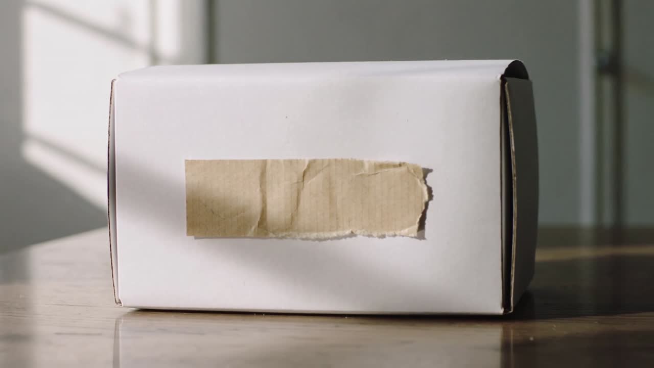 Cámara en paneo revelando una caja blanca sobre una mesa de madera en casa, mostrando cinta adhesiva rota y la sombra de una ventana.