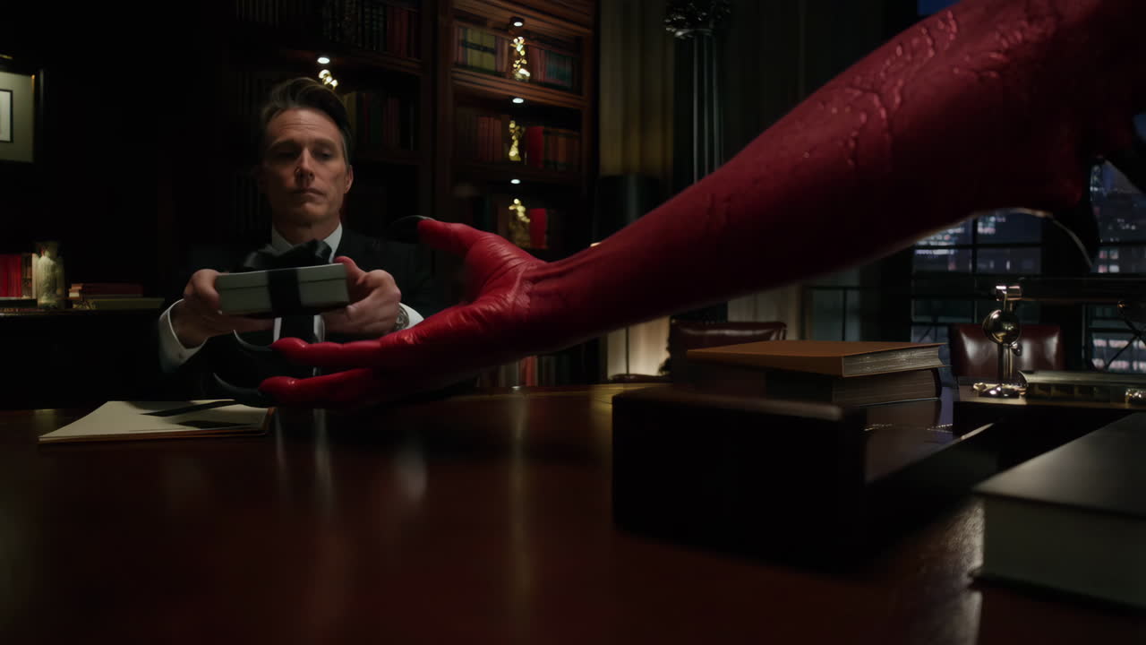 A man receives a mysterious gift from a red hand in a dark office