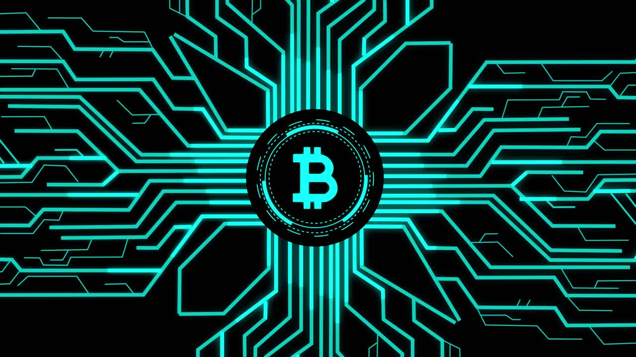 Bitcoin Digital Currency With Futuristic Artificial Intelligence Spreading Through Internet. Visualization Of Machine Learning, Computer Technology, Neural Network