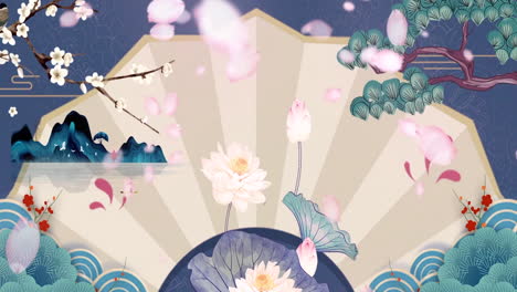 China's-traditional-Oriental-Digital-Art-Animation,-Chinese-painting-ink-in-mountain-with-flowers,-tree,-birds,-river-in-fog-background-artwork