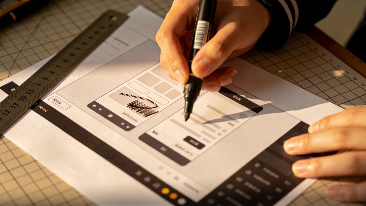 Placing marker, designer's dark cuff sleeve shading left UI, circling right form on desk annotating