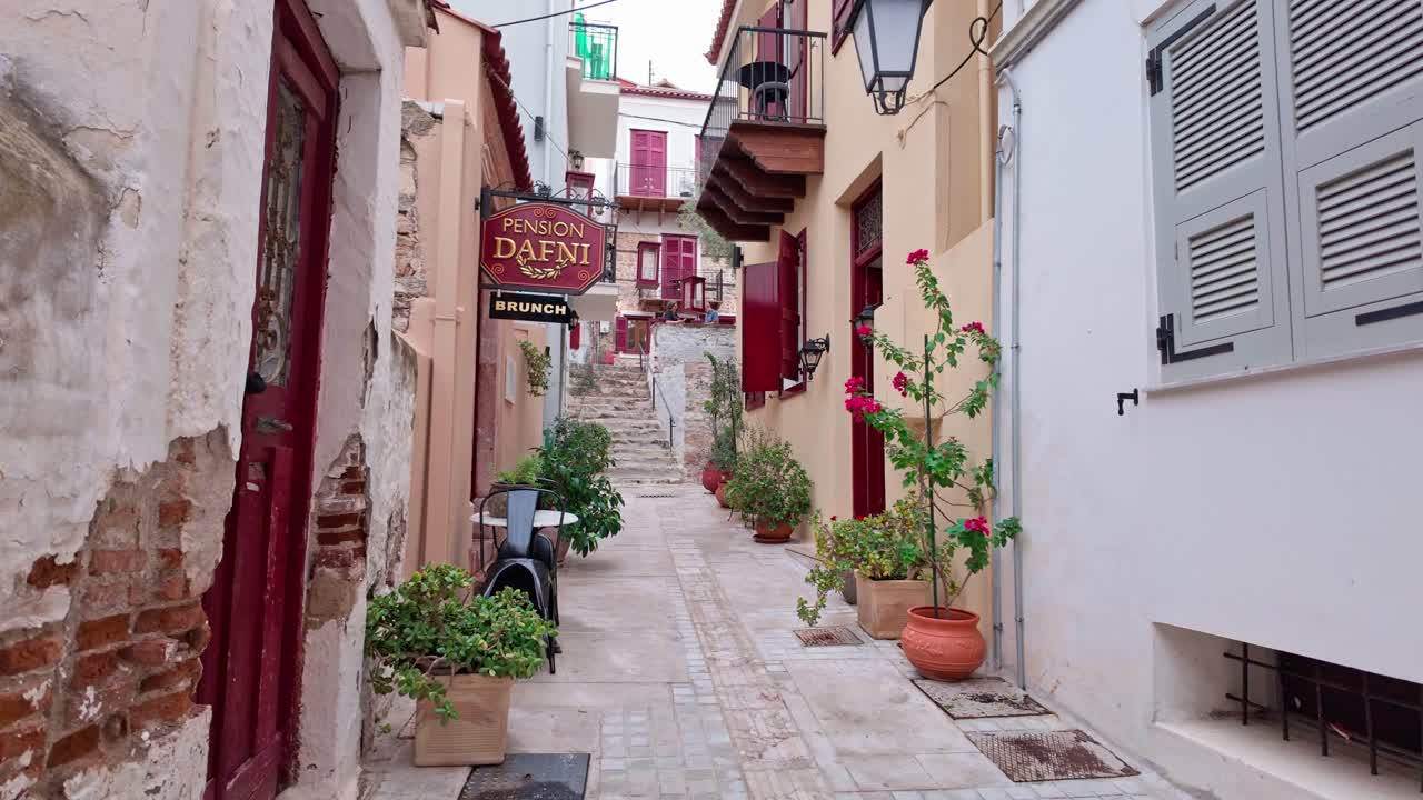 Quaint side street hotels Greek town tourist destination