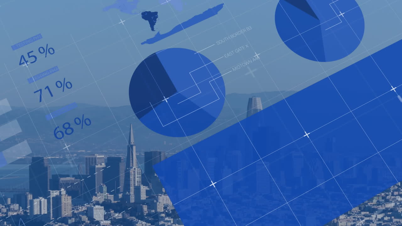 도시 풍경의 공중 뷰를 통해 통계 데이터 처리의 애니메이션