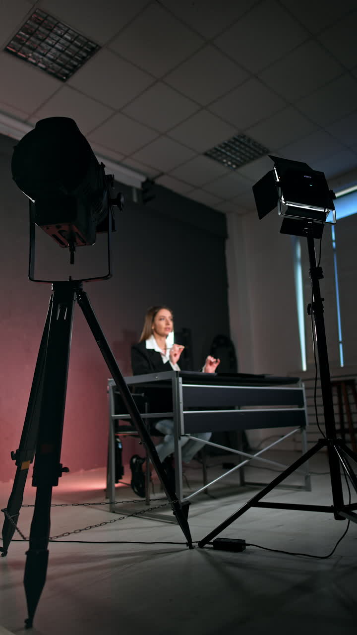 Soffits directed on the woman sitting at desk. Low angle view. Female blogger records a blog in studio. Vertical video