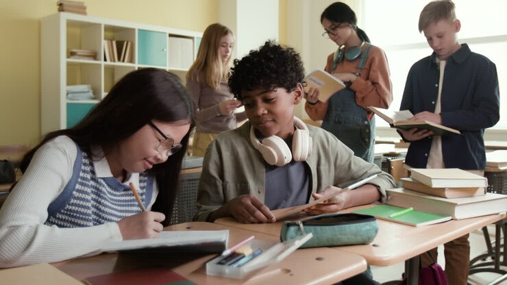 Diverse group of students studying and collaborating in a classroom