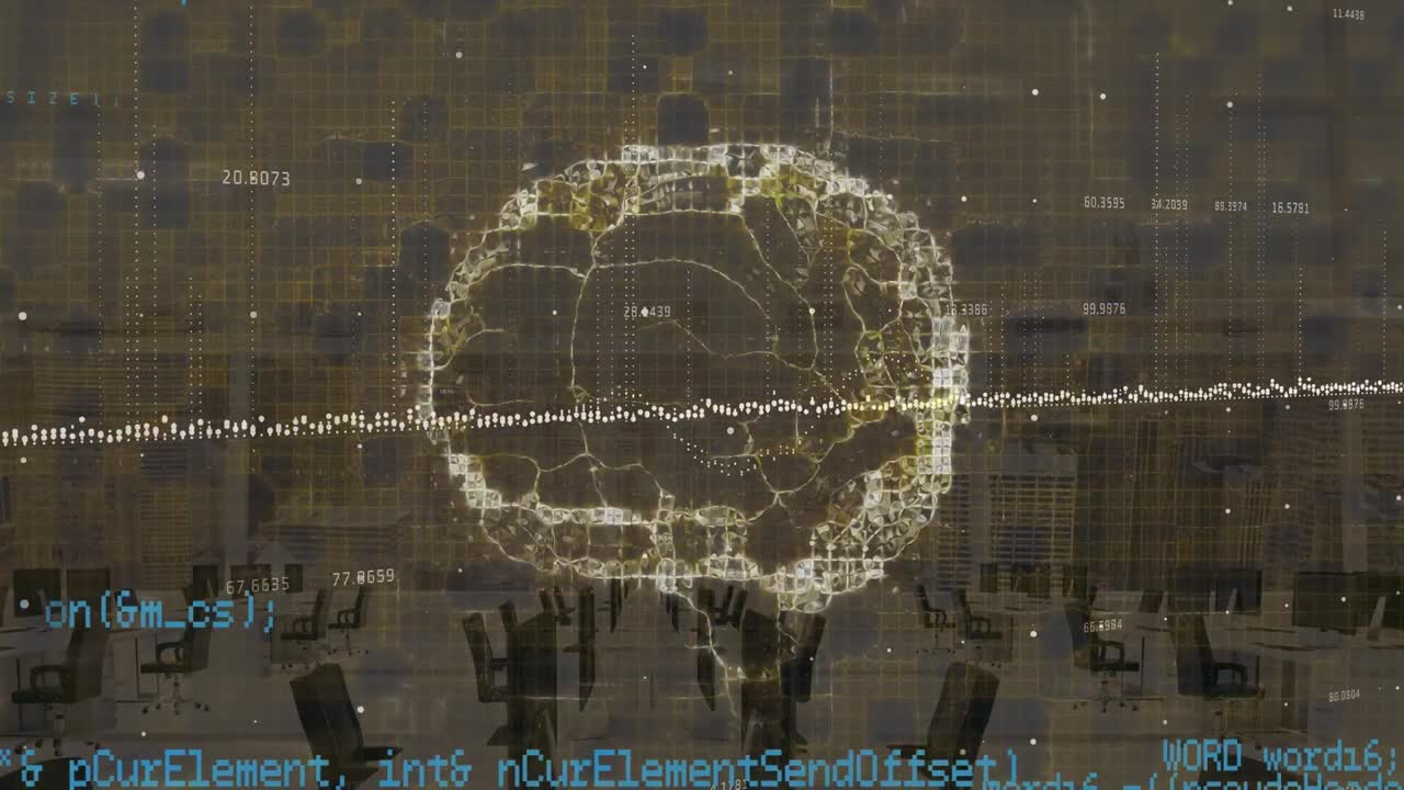Animation of data processing and digital brain over office