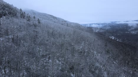 flying through clouds over snow-covered mountains and forests in a beautiful mountain valley during winter on a cloudy day