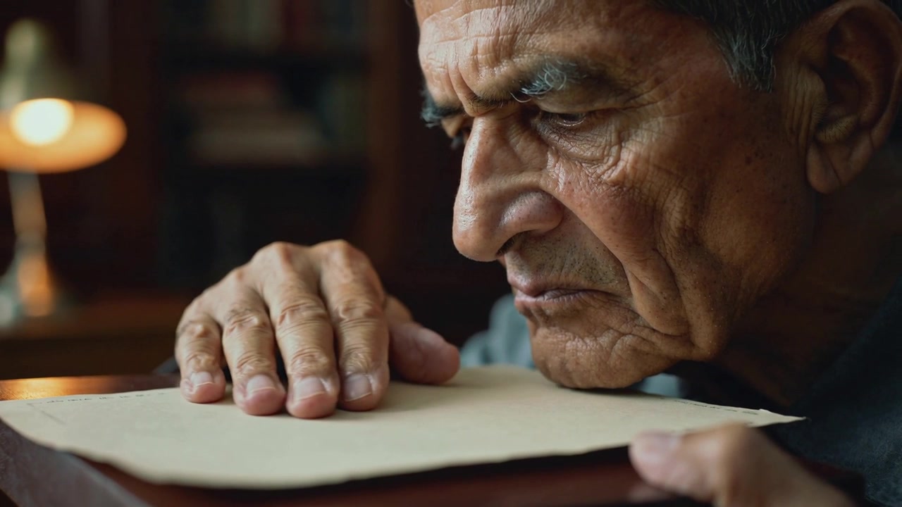 Placing hand, senior man leaning over desk in study, inspecting envelope under lamp with fingers