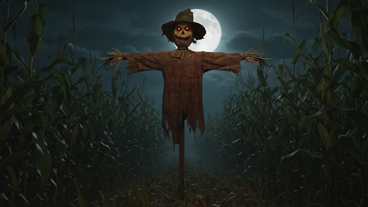 A Mysterious Scarecrow Stands Guard in a Dark Cornfield Under a Full Moon, Creating an Eerie Atmosphere Perfect for Halloween Scenes and Spooky Tales