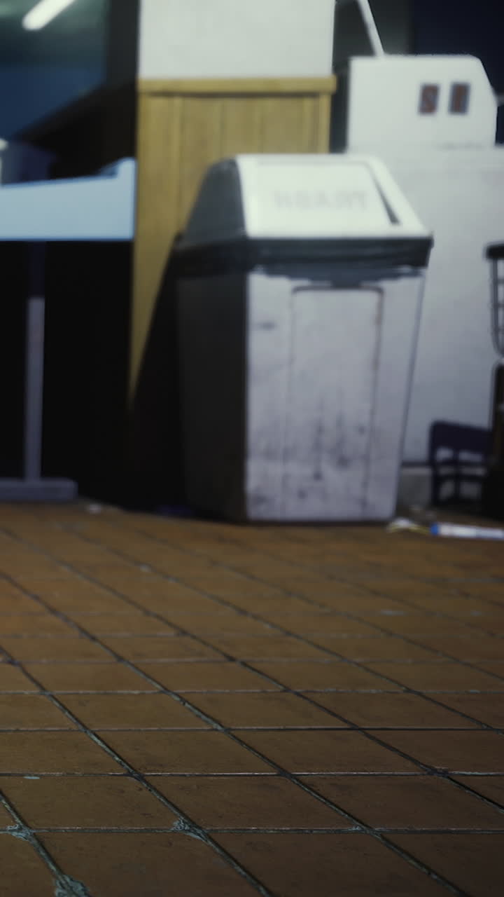 Trash bin stands near the wall in an indoor environment on a tiled floor
