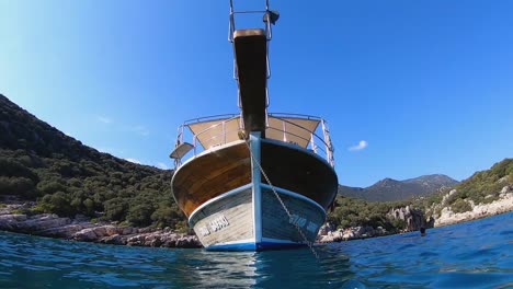 view of the front of a moored boat from the water