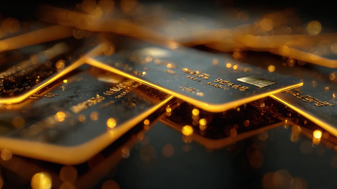 Abstract concept of finance and digital banking with countless credit cards moving in a wave like motion, surrounded by a luxurious golden glow and shimmering bokeh particles in a seamless loop