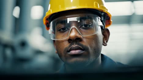 engineer wearing a hardhat and safety glasses carefully inspects equipment in a factory setting