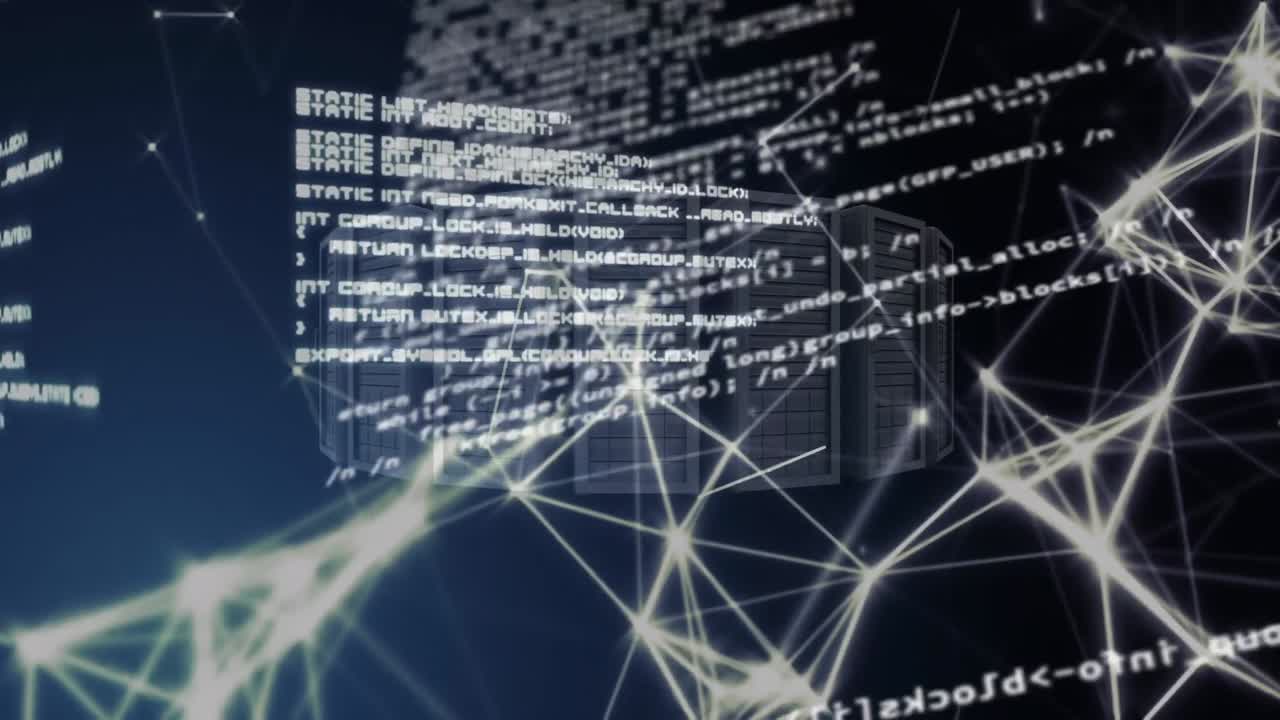 Animation of data processing and servers on black background