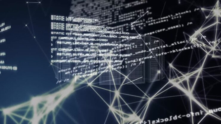 Animation of data processing and servers on black background