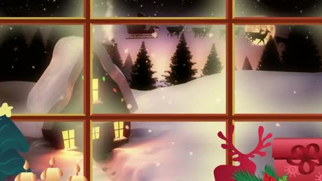 Animation-Einer-Winterweihnachtsszene-Mit-Haus-Und-Weihnachtsmannschlitten-Durch-Das-Fenster-Gesehen