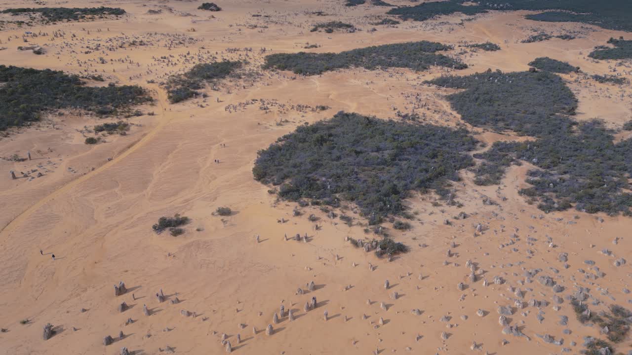 Aerial footage showing the rock formations and vastness of the Pinnacles Desert in Perth, Western Australia