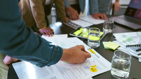 Documents,-meeting-and-hands-of-team-in-workshop