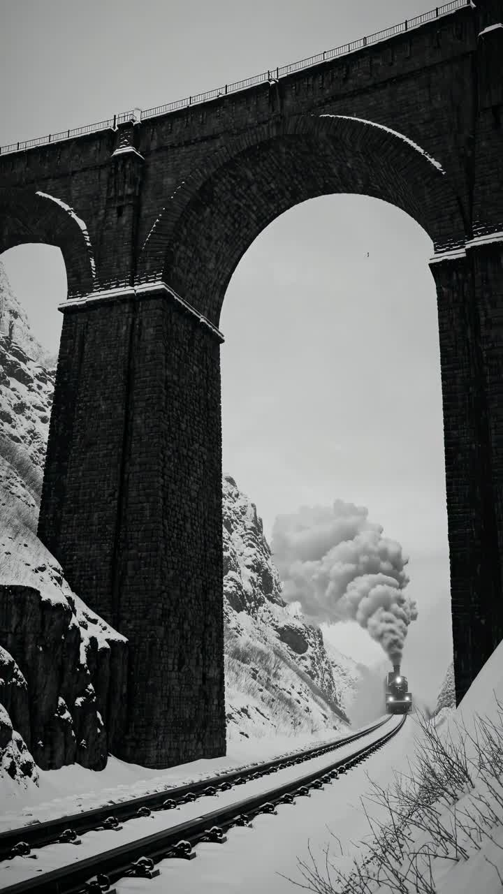 A dramatic low-angle shot captures a steam train passing under a towering viaduct in snowy