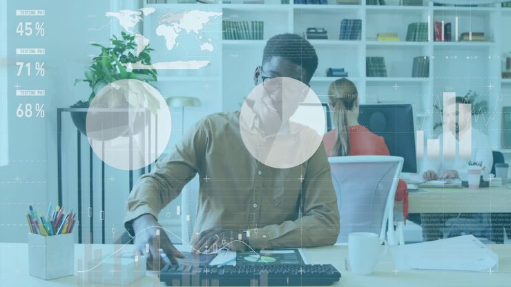 Animation of financial data processing over african american businessman in office