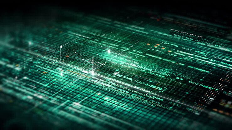 Futuristic abstract de-focus data matrix, meta, metaverse, telemetry and encrypt numbers display with particles simulation in cyber space environment for head up display background