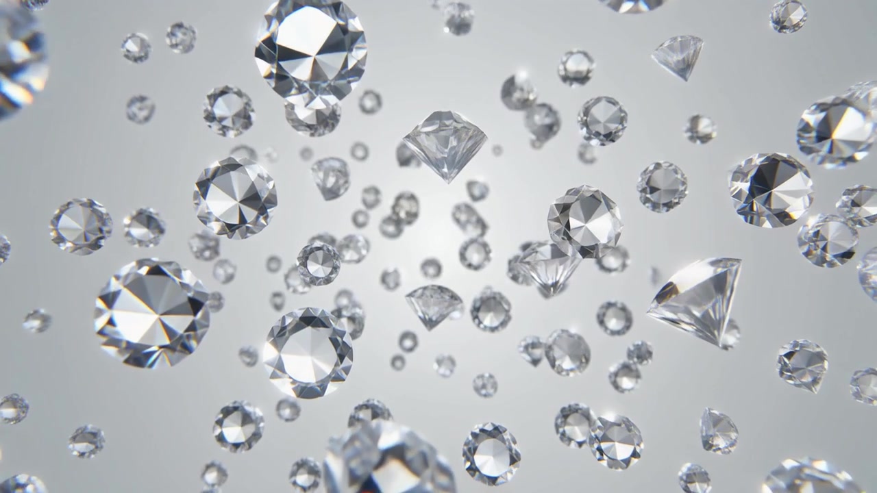 Numerosi diamanti scintillanti che fluttuano su uno sfondo grigio tenue