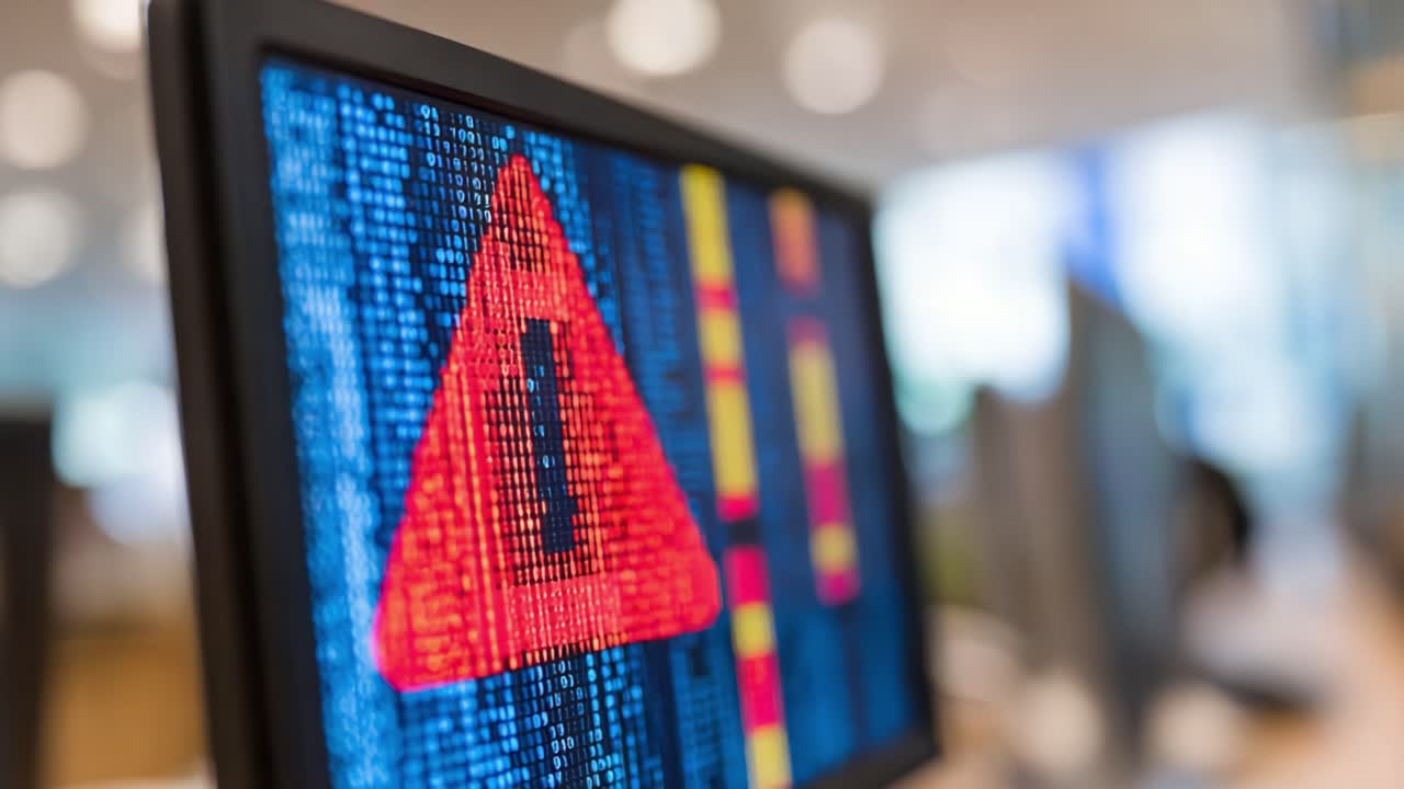A Computer Screen Displaying Warning Symbols with Alerts and Data Visualizations in a Modern Workspace Environment