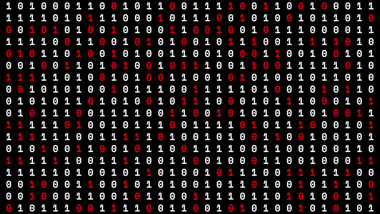 Animation of red and white binary coding moving on black background