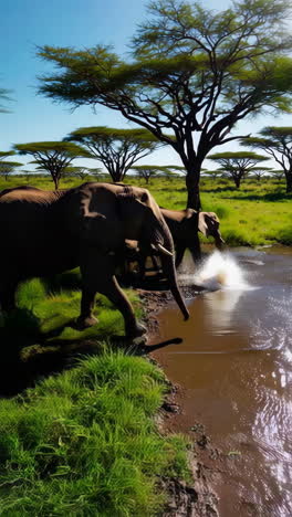 elephants splashing in a watering hole in the african savanna