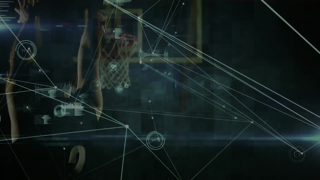 데이터 처리의 애니메이션, 체육관에서 혼합 인종 남성 농구 선수에 대한 연결 네트워크