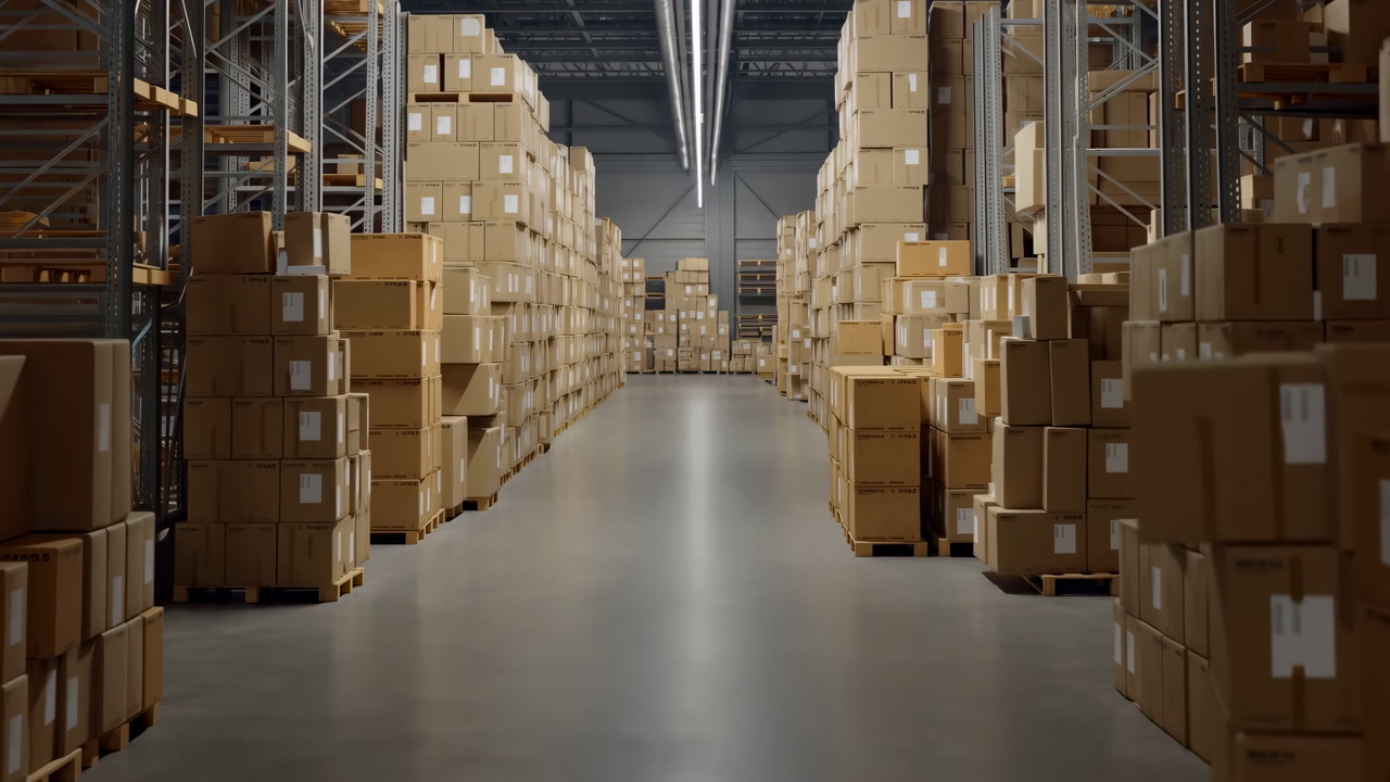 Spacious Warehouse Aisle Packed With Boxes And Pallets, Endless Shelving Rows Under Industrial Lighting,
