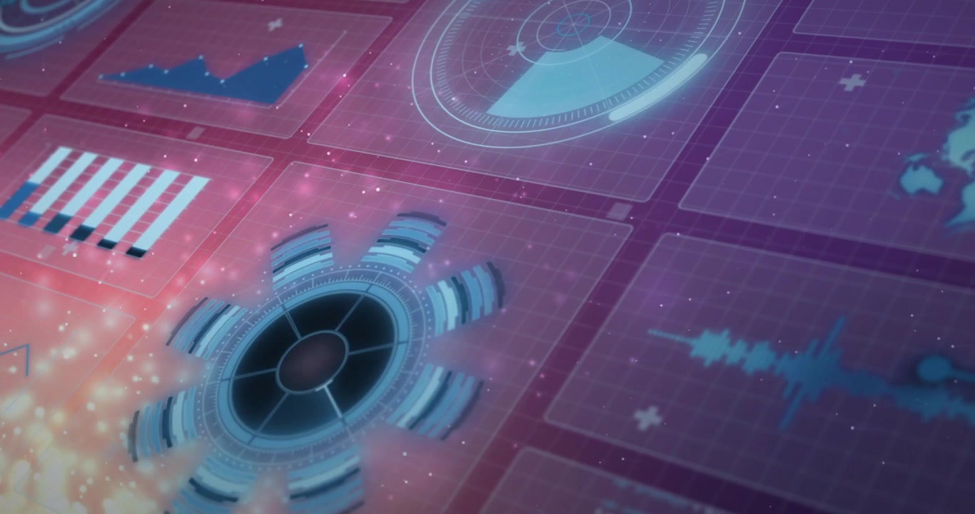 Sparks drifting from left sparking gear spinning, gauge sweeping, globe rotating for data insight