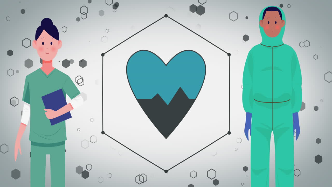 анимация врачей в защитных костюмах и сердце на белом фоне