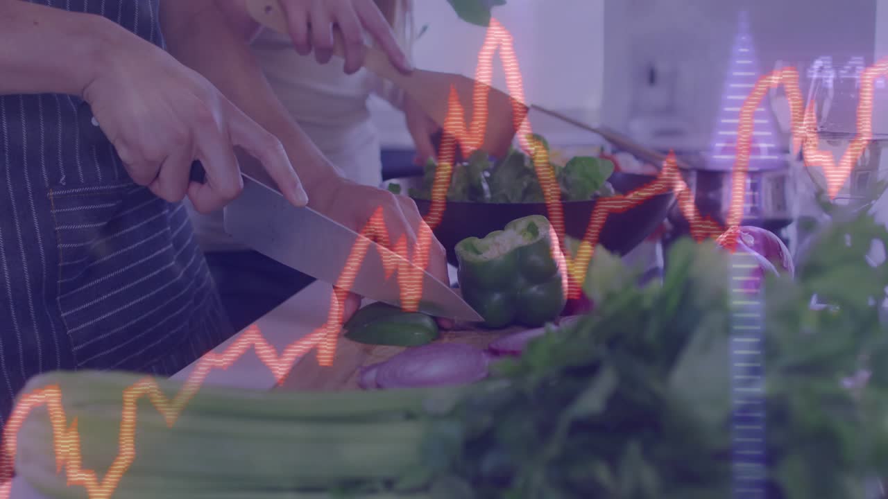 After placing pepper, man slicing with knife and woman stirring salad with pulsing financial graphs