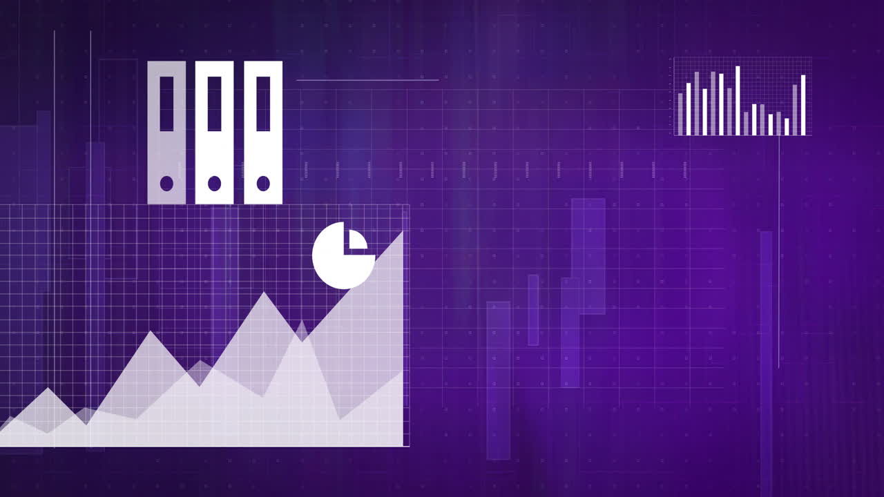 animación de gráfico y gráfico de pie sobre fondo púrpura con gráfico de barras y carpetas