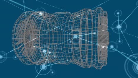 animación digital de la red de conexiones contra el modelo de forma cilíndrica 3d sobre fondo azul