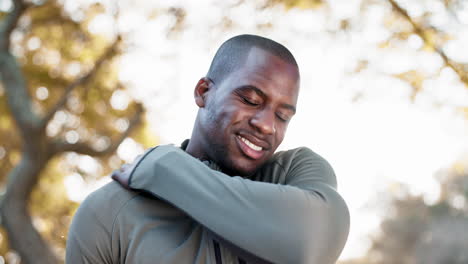 Black-man,-fitness-and-neck-pain-in-park