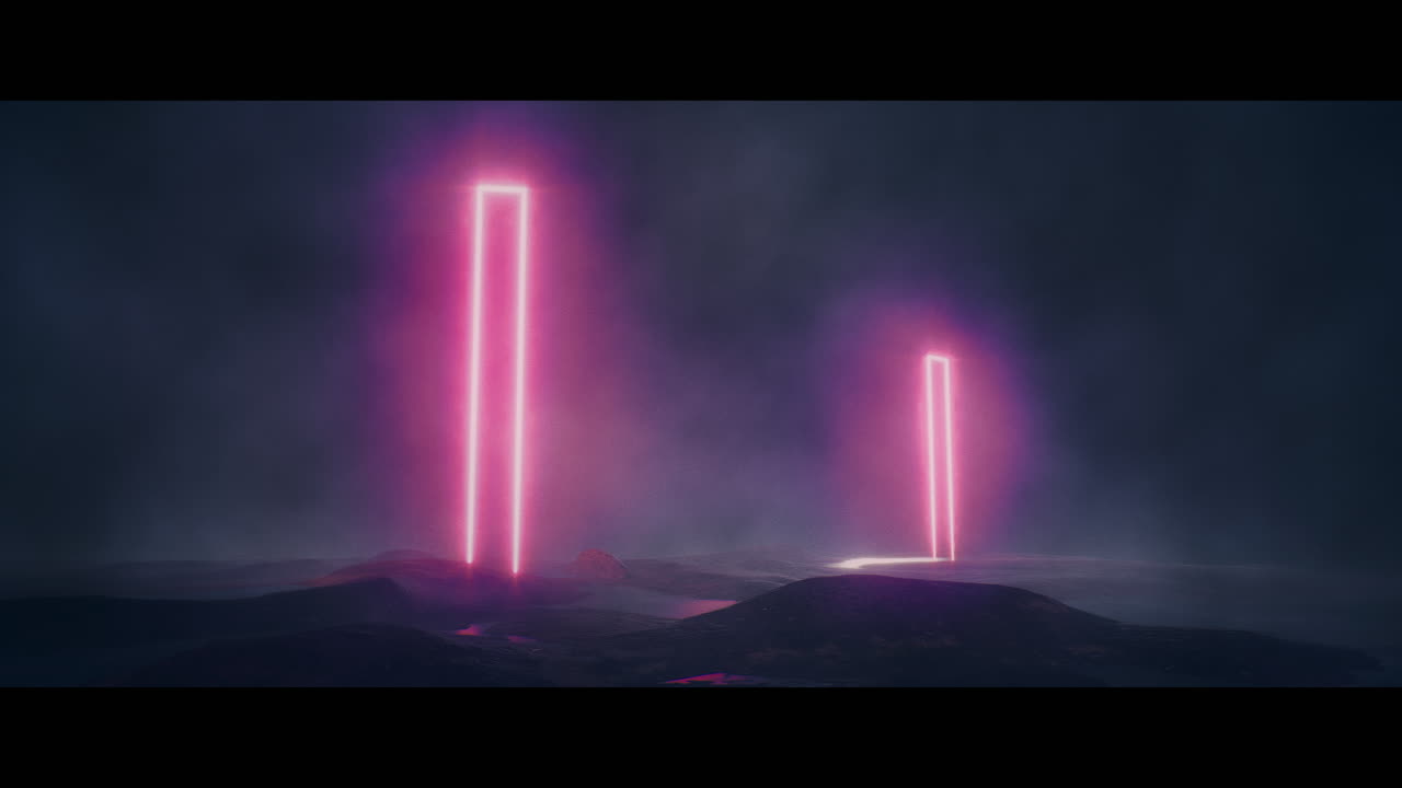 Rocky landscape with huge pink light portal structures
