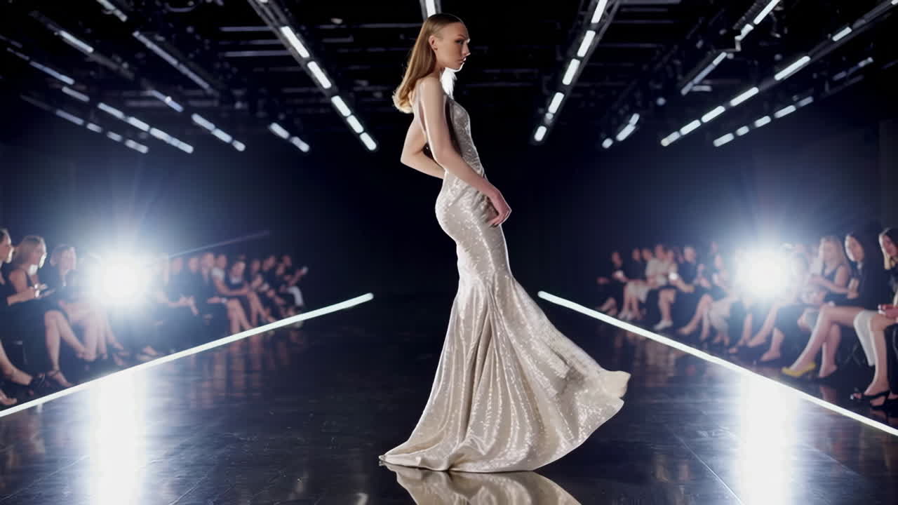 Elegant Model in a Sparkling Gown on a Fashion Runway