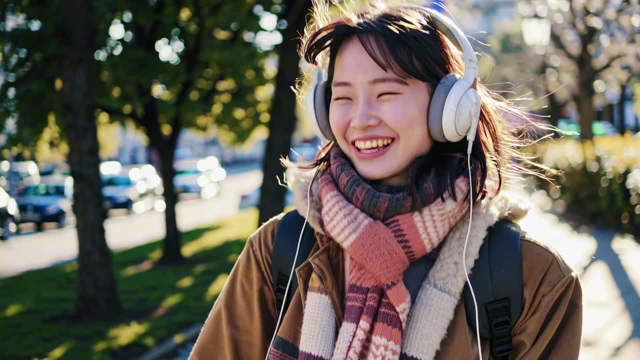 A young woman in headphones smiles while walking outdoors. Captured at eye level, the video conveys