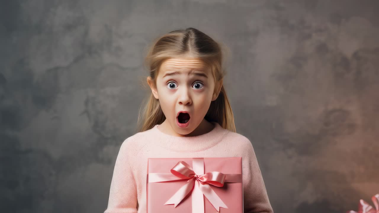 Little blonde girl wearing a pink sweater, opening a pink gift box, and expressing surprise with her mouth wide open, all set against a soft gray wall backdrop