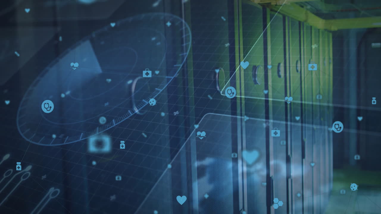 Processing medical data and icons animation over hospital equipment