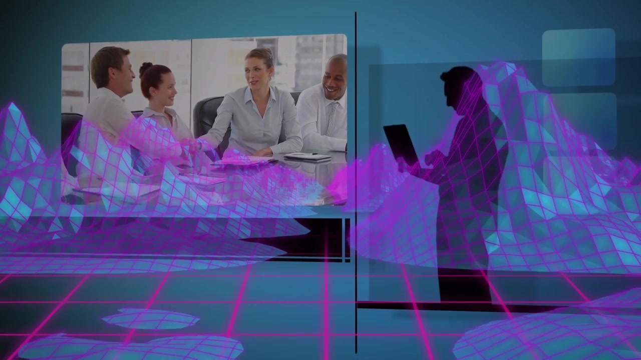 Animation of metaverse an businessman silhouette over digital screen with diverse businesspeople